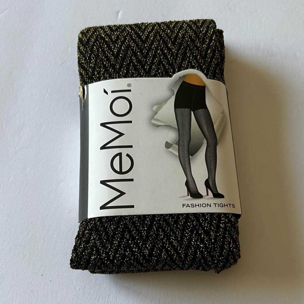 MEMOI MF7-191 BLACK AND GOLD METALLIC CHEVRON TIGHTS SIZE MED/LARGE NWT